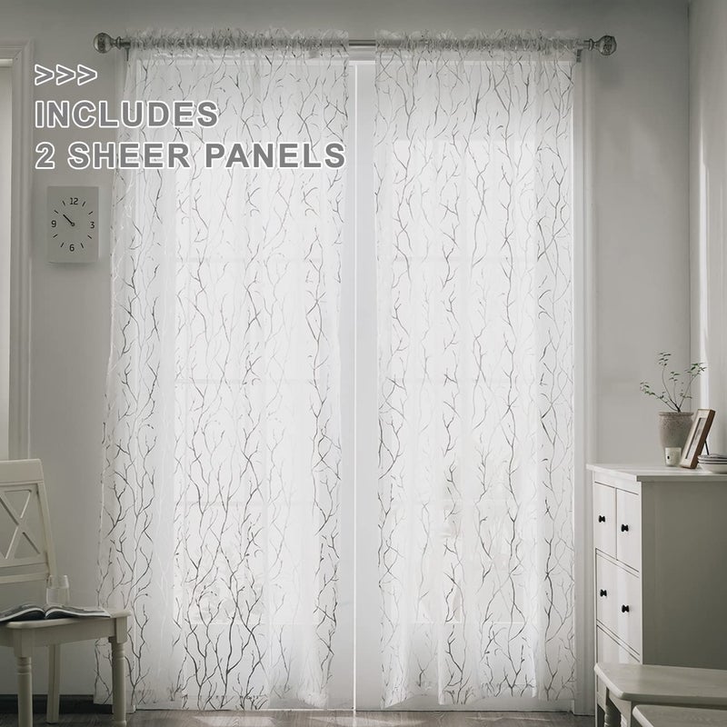 FINECITY Tree Curtains for Living Room - White Sheer Curtains 72 Inches Long Silver Foil Tree Branch Design Print Curtain 2 Panels for Bedroom, 52 x 72 Inch, 1 Pair, Silver and White - Image 2